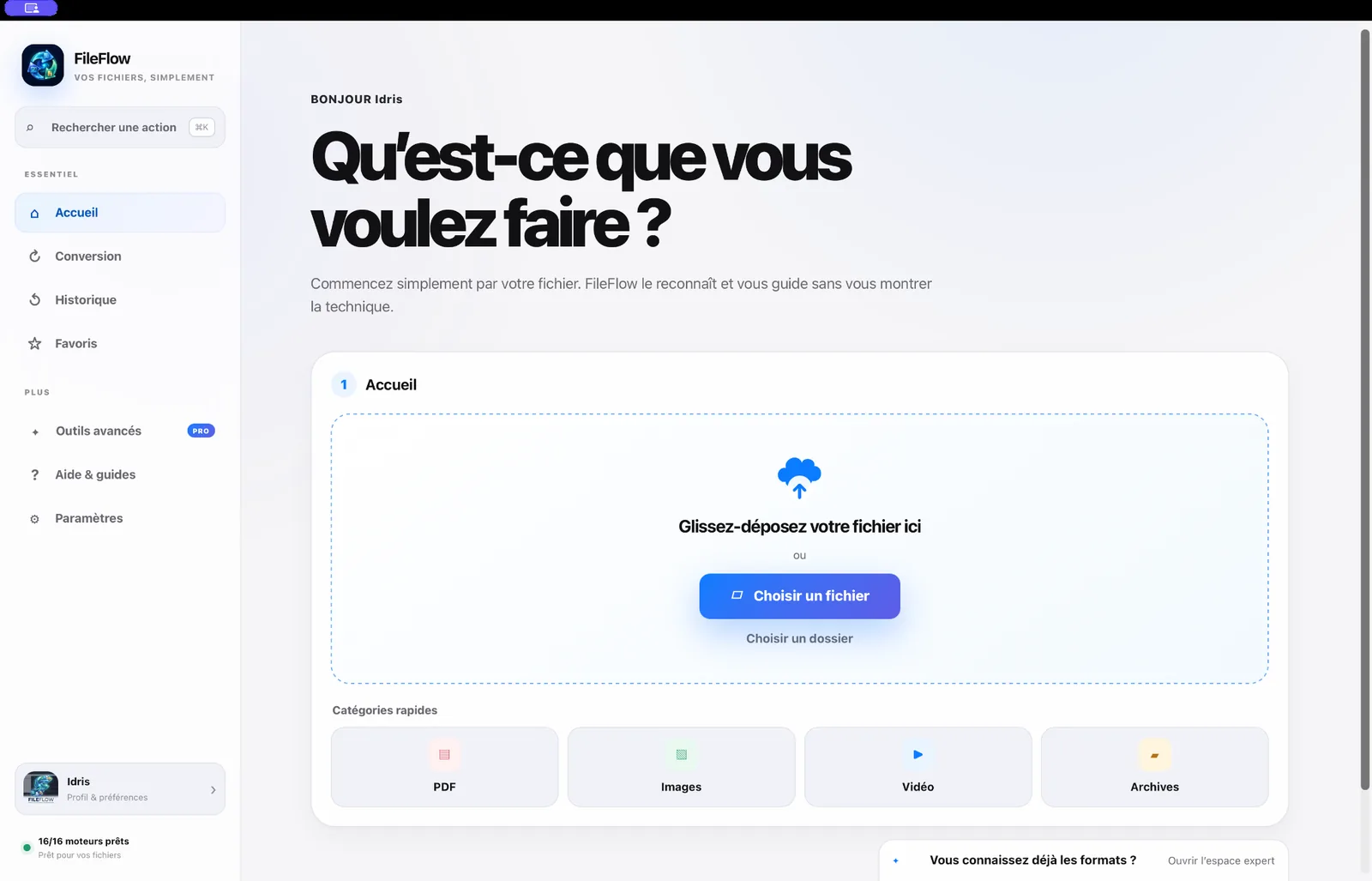 Écran d’accueil de FileFlow avec zone de dépôt de fichiers et catégories rapides